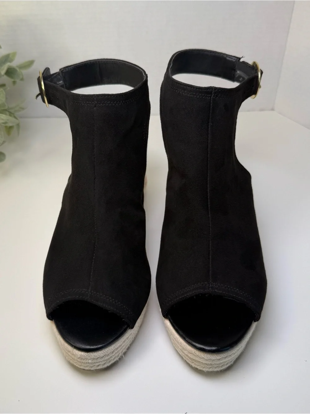 Qupid Caleb Black & Beige Open-Toe Espadrille Wedge Boho Sandals Womens Size 10